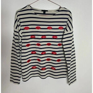 J Crew Women Pullover Long Sleeve Red Lips Embroidered Top White Black Stripe XS